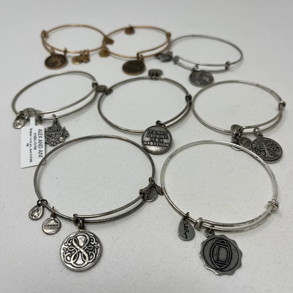 Alex and Ani Bangle Bracelet Lot of 8 Aunt Tree of Life Marathon Football & more